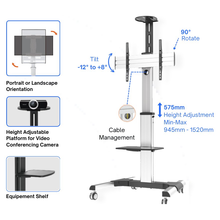 PXAO7T Telescopic Height Adjustable Aluminium TV Cart