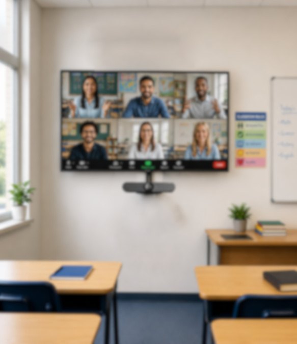 Wall-mounted display with VC camera in a classroom